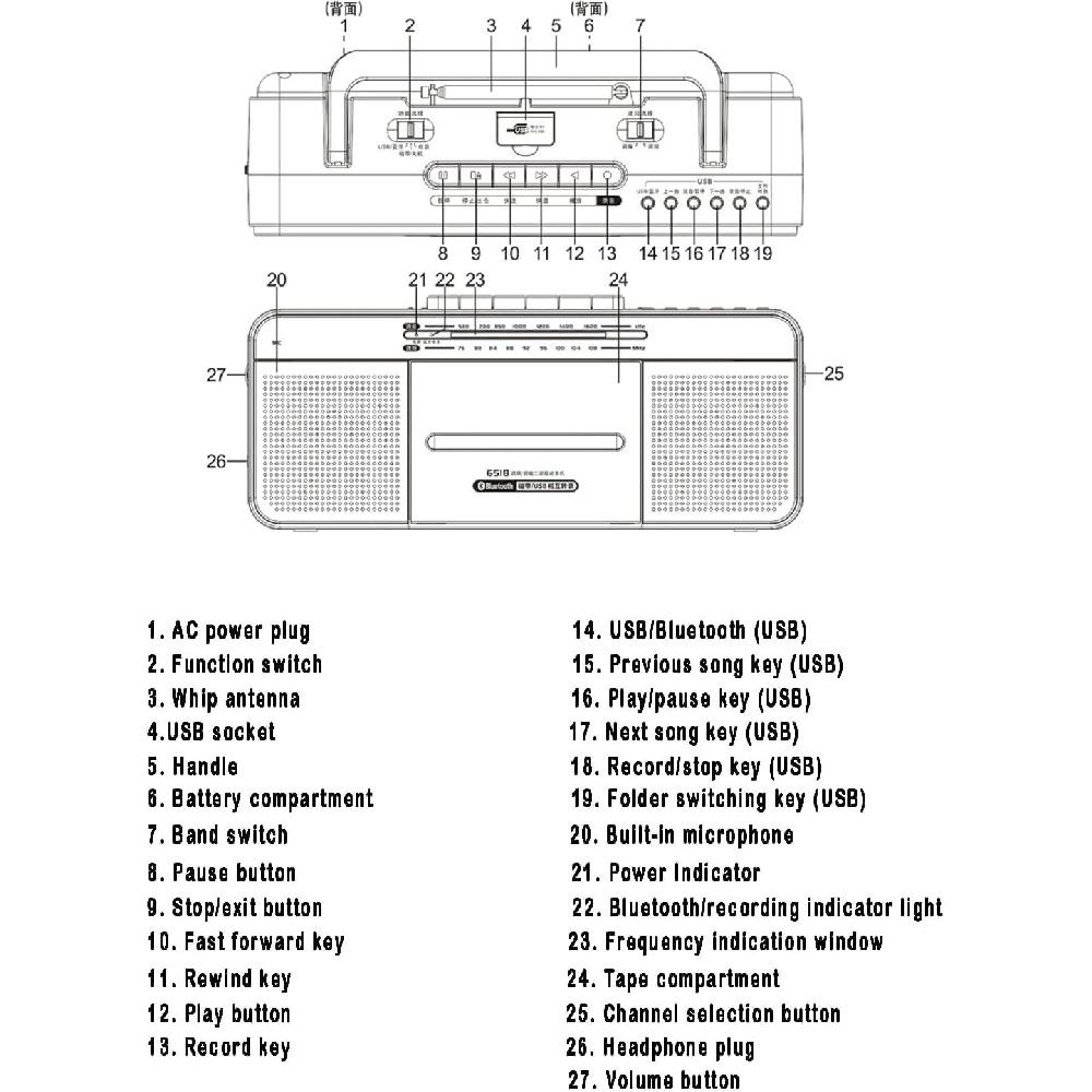 Portable Radio Cassette Recorder & Player, Supports Transcription of Files In MP3 Format, Supports Bluetooth Connection and USB Playback