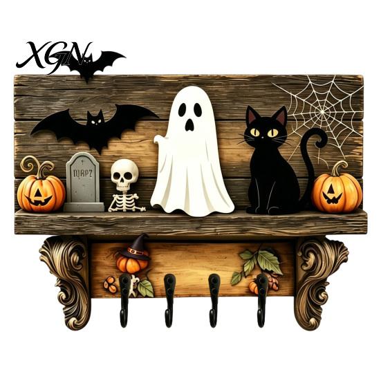 Functional Wooden Key Storage Halloween Holder, Lady Ghost Holder with 4 Hooks, Wall Entryway Organizer Rack Mounted Spooky for Hallway Home
