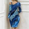 Women Plus Size Asymmetric Cold Shoulder Long Sleeve Dark Beige Swirl Marble Print Irregular Wrap Bodycon Midi Dress