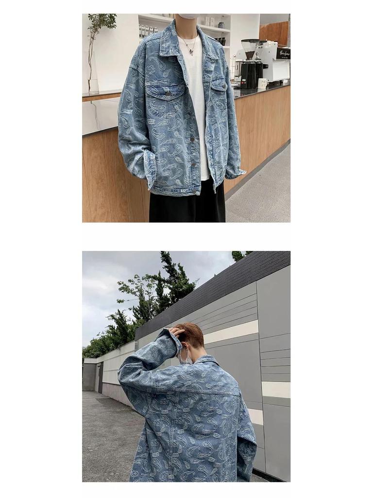 Мужская осенняя джинсовая куртка в корейском стиле с потертостями - жаккардовая, свободного кроя, повседневная, красивая, большого размера.