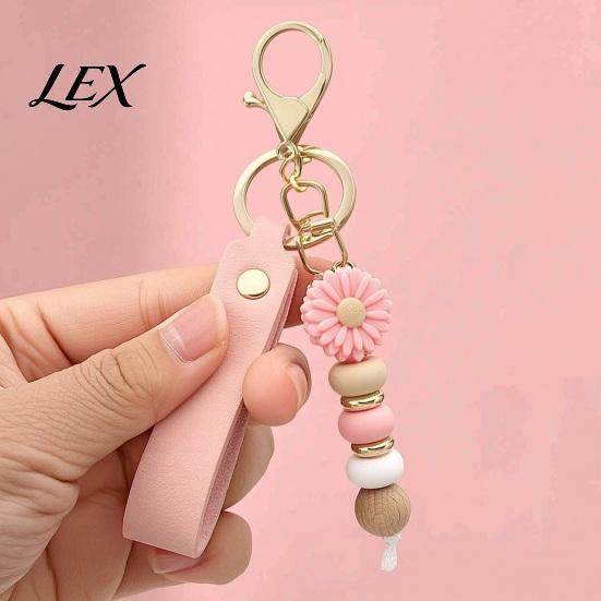Flower Charm with Wood Beads Silicone Keychain Faux Leather Wristlet, Car Key Floral Ring Pendant Pendant, Handbag Backpack Women