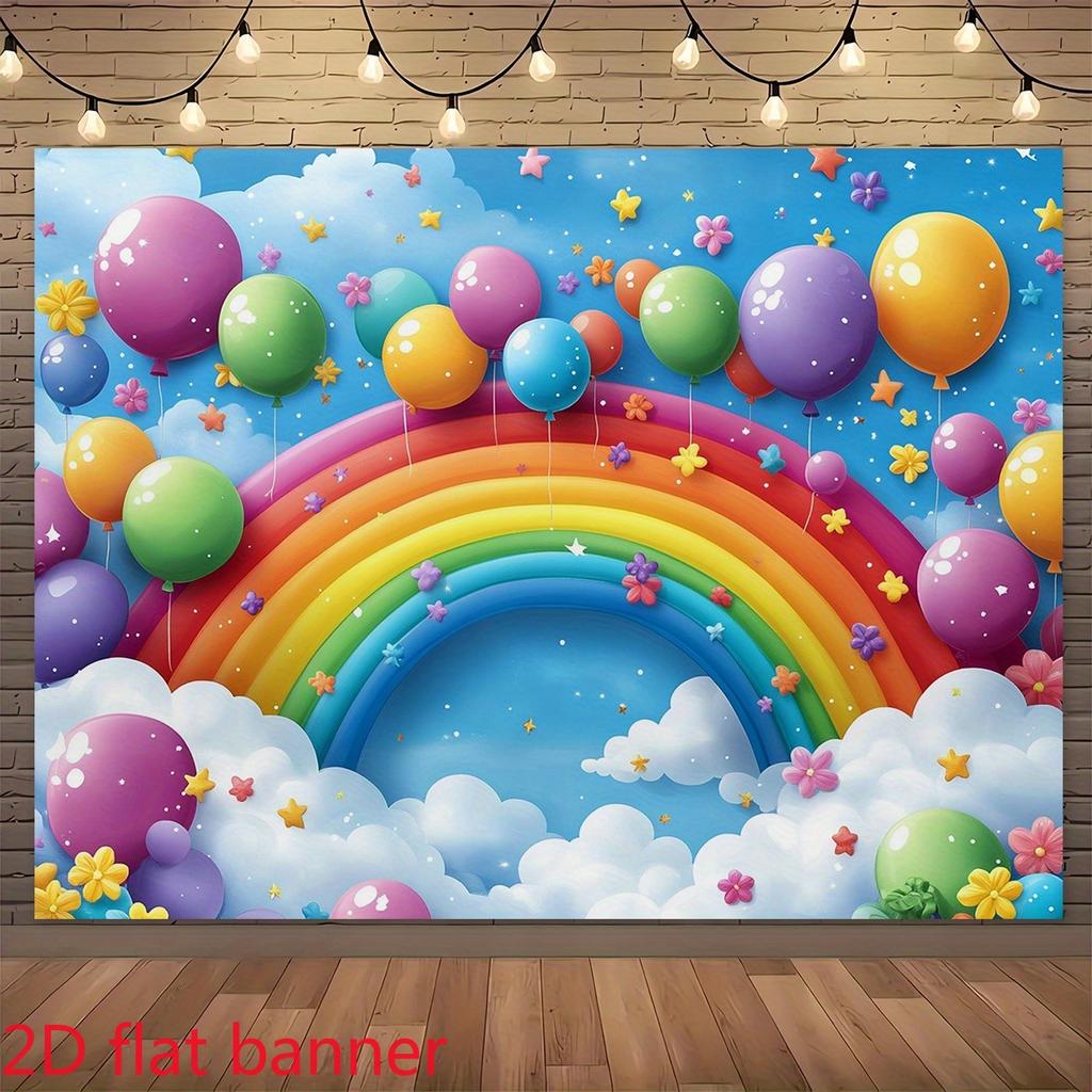 2D flat surface 1 piece - a bright rainbow arch balloons and cloud background fabric. Suitable for birthday parties.