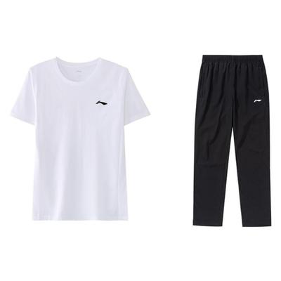 Li Ning Logo Круглый вырез пуловер с коротким рукавом футболка и простые прямые длинные брюки повседневный спортивный костюм мужской костюм ATST641-2+AYKT413-1