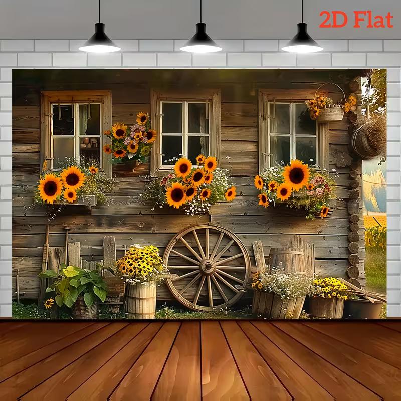 2D Country Farmhouse Photography Background Cloth with Sunflowers & Wooden Details
