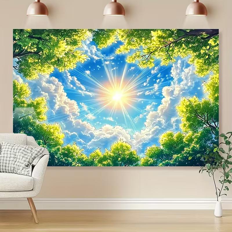2D Мультяшная Солнечная Крона Дерева Небо Настенный Гобелен Свежий Природный Пейзаж Фото Фон Баннер