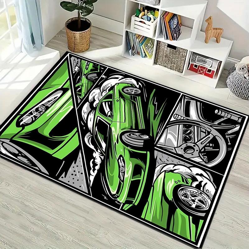 Green Drift Sport Car Comic Collage Print Area Rug Non‑Slip Rectangular Floor Mat Auto Fan Decor for Gaming Bedroom Living Room