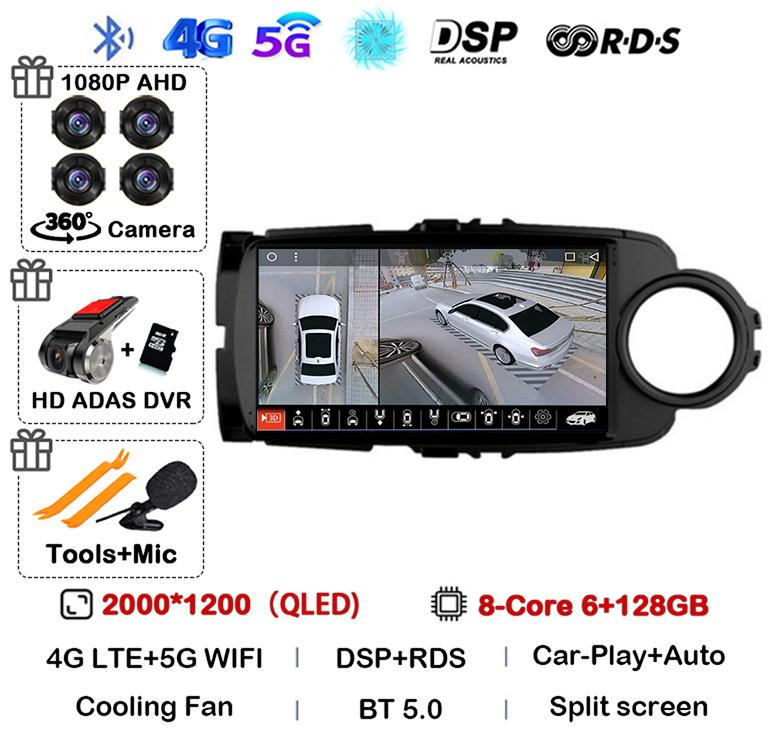 Android14 Carplay Auto For Toyota Yaris 2012 2013 2014 2015 2016 2017 Multimedia Car Radio Player WIFI+4G SIM Stereo DSP GPS RHD