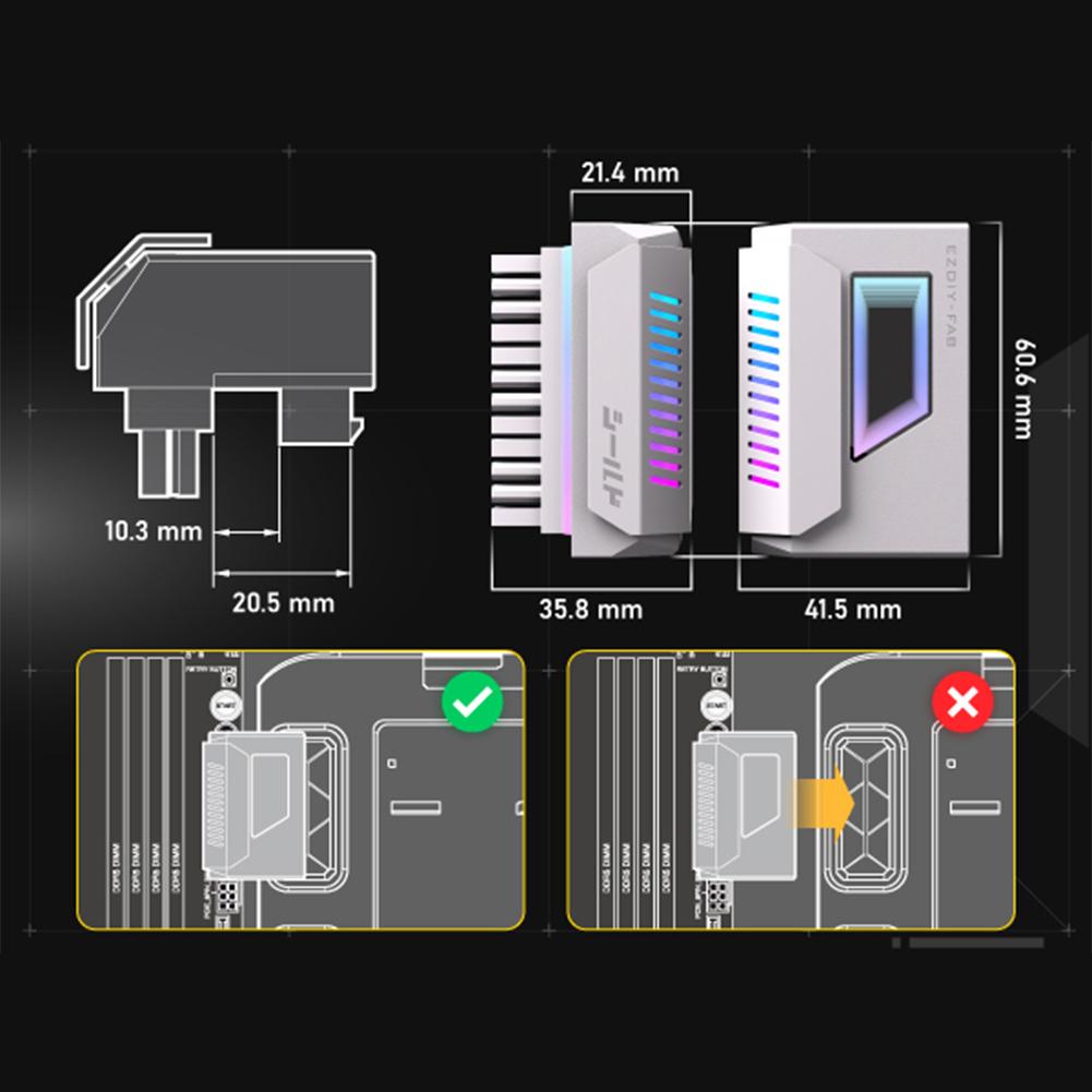 ATX 24 Pin To 180 Degree Power Plug Adapter with Infinity Mirror ARGB Light 24-pin 180° Angle Adapter Connector for Computer PC
