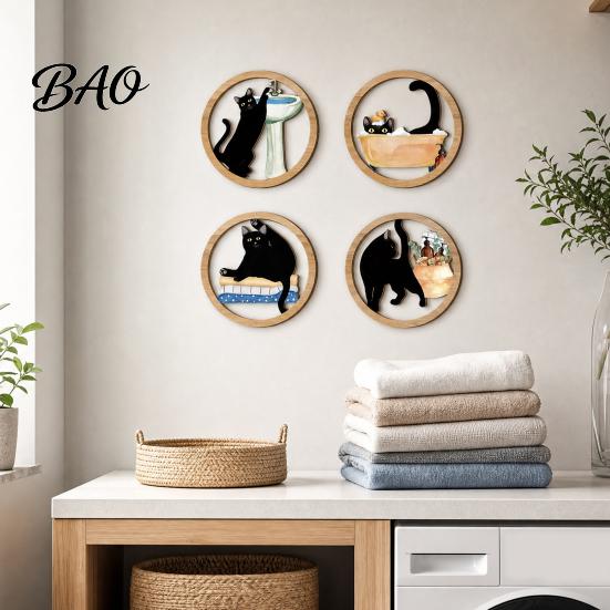 Scratch-resistant Wall Art 4 Pcs Minimalist Black Cat Art, Geometric Round Circle Wooden Multi-layer Polished Wood Decor, Abstract Hanging Sign