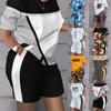 Women Fashion 2 Piece Outfit New Summer Printed O Neck Pocket Suit Female T Shirt Top Shorts Two Pieces Set
