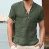 Summer Cotton Linen Short Sleeve Men's Shirt Solid Color Pocket Stand Neck Button Half Open Black Shirts S-5XL