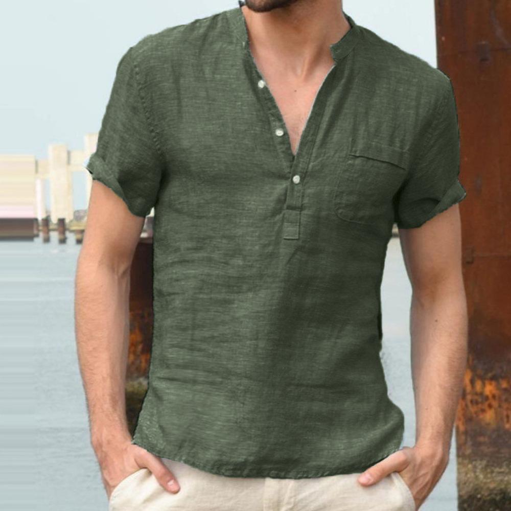 Summer Cotton Linen Short Sleeve Men's Shirt Solid Color Pocket Stand Neck Button Half Open Black Shirts