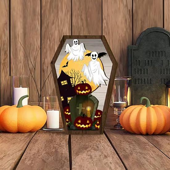 Halloween Wooden Tombstone Shaped Table Block Sign Spooky Ghost Pumpkin Bat Castles Tiered Tray Centerpiece for Halloween Party Indoor Decor