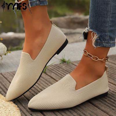 Женские вязаные туфли на плоской подошве однотонные с острым носком мягкая подошва удобные туфли на плоской подошве для повседневной носки