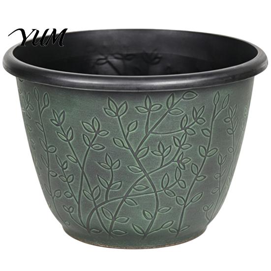 Indoor Decorative Plant Containers 12 Inch Thickened Flower Pots for Outdoor Indoor, Plastic Leaf-Pattern Texture Large Basin with Saucer Planter