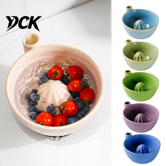 Kitchen Gadget for Fruit Cleaning Berry Swirl Draining Bowl with Silicone Pad, Ceramic Retro Kiln Manual Lemon Juicer Tool Fired Colander, Compact