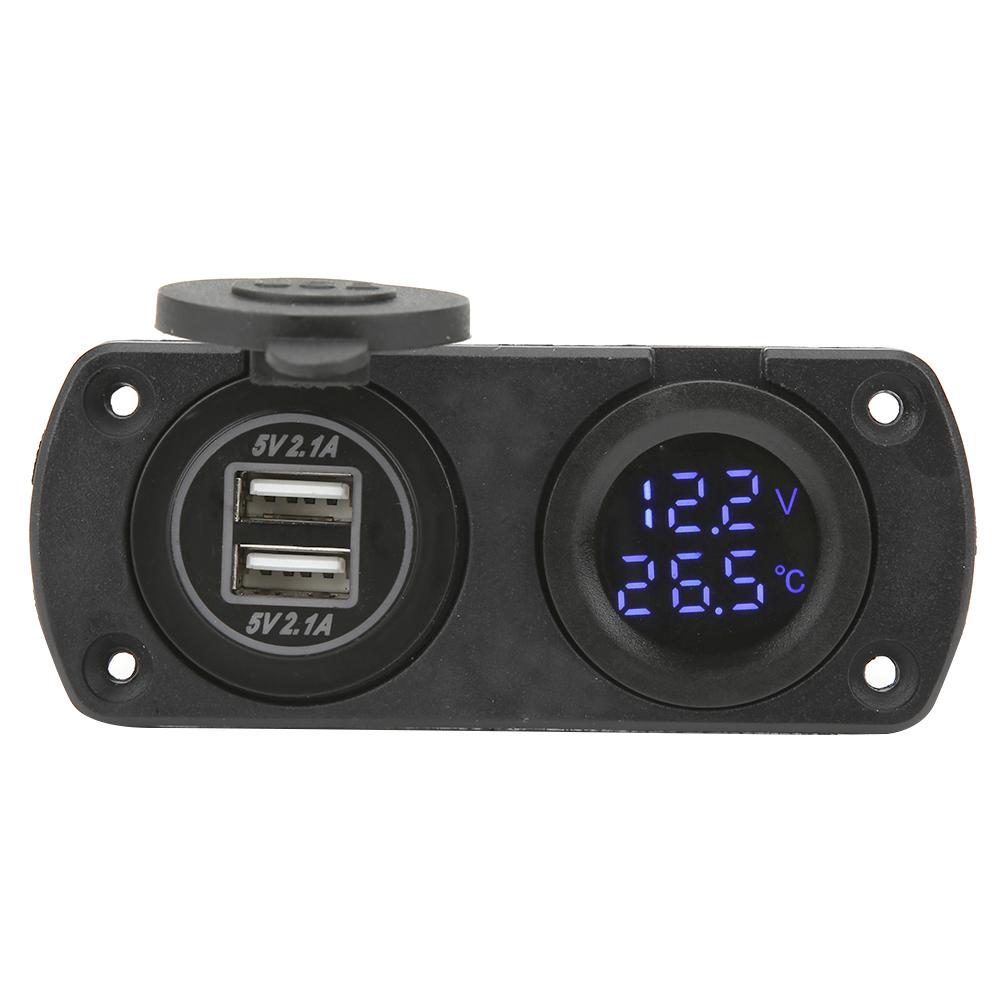 Температура Вольтметр Зарядное устройство Автомобильный двойной USB 12 В розетка Прикуриватель Синий
