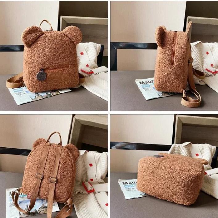 Cute Girl Plush Bear Backpack Winter Portable Kids Travel Shopping Storage Bag Woman Cute Bear Shaped Rabbit Handle Backpack