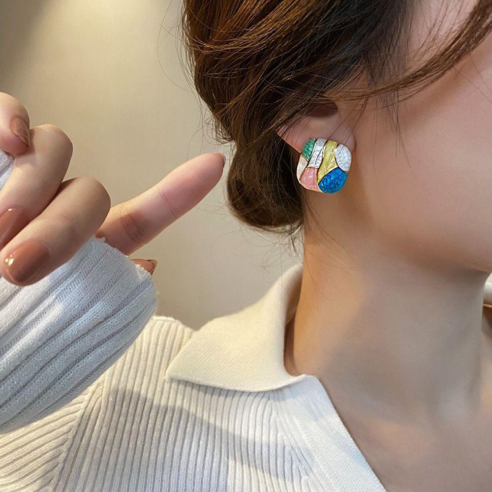 Oil Niche Design Girl Gift Ear Studs Girl Stud Earrings Women Square Earrings Korean Style Earrings