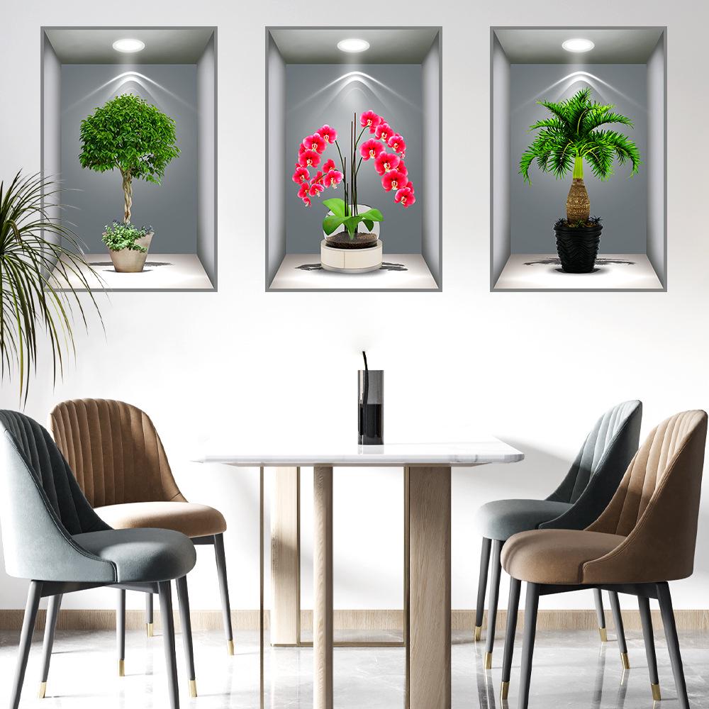 Wei Mo Xiang Green Plant Three-Panel Self-Adhesive Decorative Wall Sticker for Home & Hotel