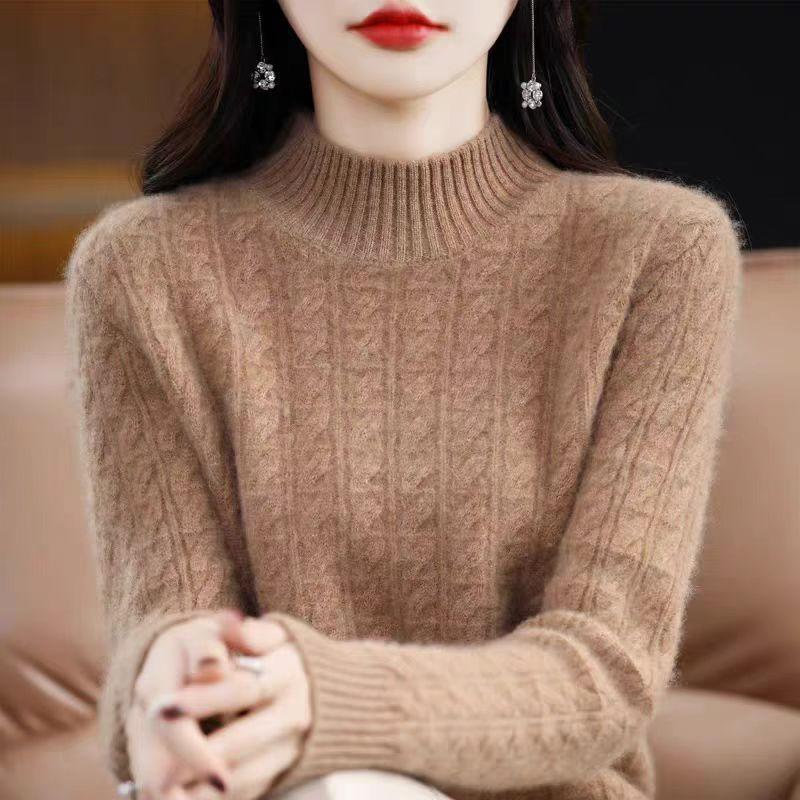 Cashmere Sweater Women's Half Turtleneck Knitted Sweater Casual Pullover Thickened Knitted Sweater with Loose Solid Color Base Layer