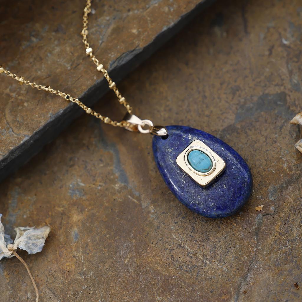 Exquisite natural stone water drop copper splicing turquoise pendant, fine handmade chain necklace, niche stacking and wearing Ins jewelry