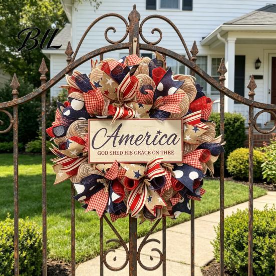 Summer Party Decoration Patriotic Wreath for Front Door Handmade 4th of July Hanger Red White Blue American Wooden Hanging Plaque Wall Porch Memorial
