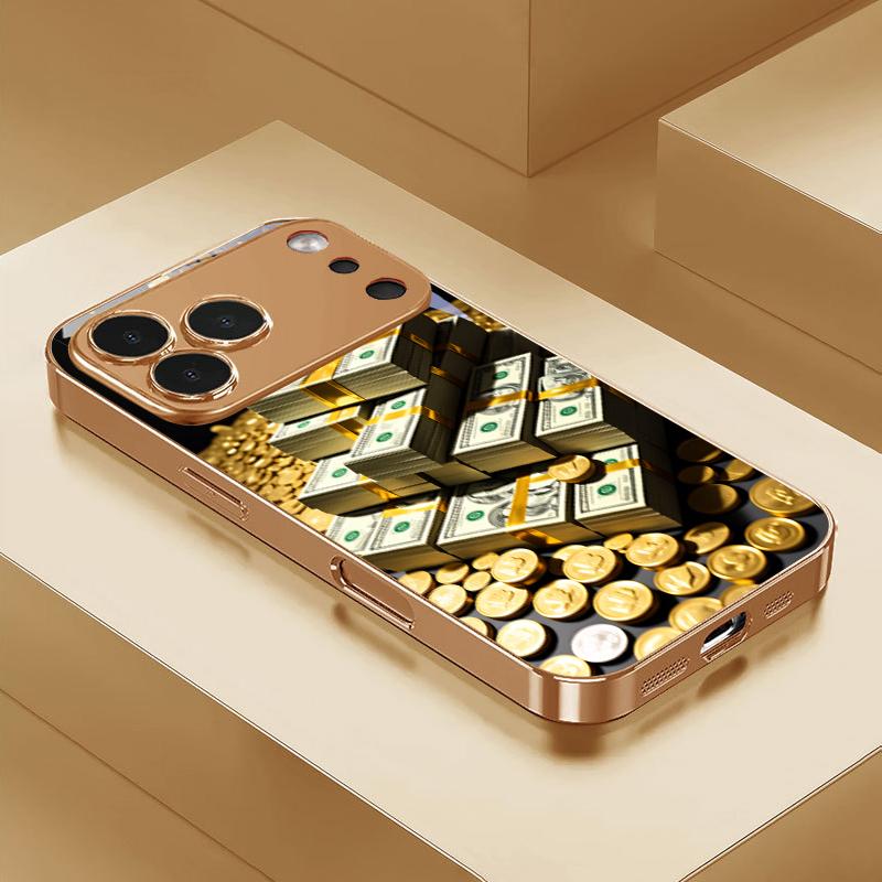 Арт 'Стопки денег' Позолоченный чехол для телефона iPhone 17Air 17 16 15 14 13 12 11 Pro Max Plus 16E XR 7 8 Xs X Стеклянная крышка