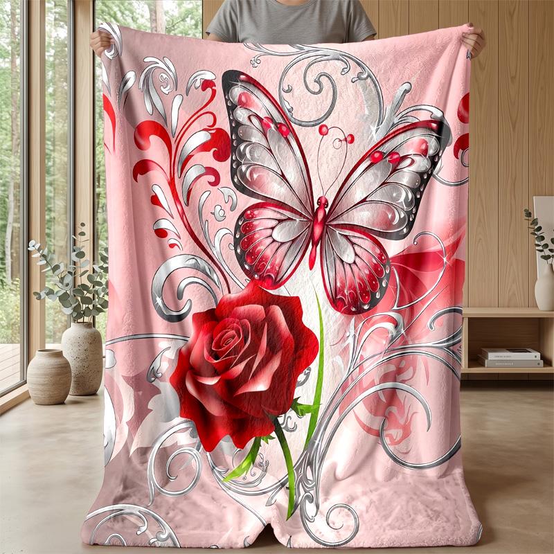 Red Butterfly and Rose Theme blanket Lightweight Warm Flannel Blanket Decorative Throw Blanket for Home Decoration