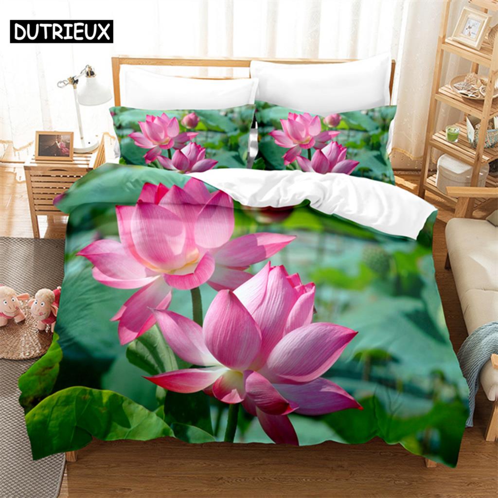 Розовый лотос Королевский комплект постельного белья Зеленый пододеяльник Детское постельное белье Цифровая печать Постельное белье Пододеяльник King Size Комплект постельного белья