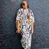 European and American large-size casual women's clothing set, striped printed shirt, wide-leg trousers, women's African new loose two-piece set