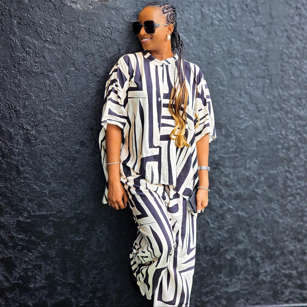European and American large-size casual women's clothing set, striped printed shirt, wide-leg trousers, women's African new loose two-piece set