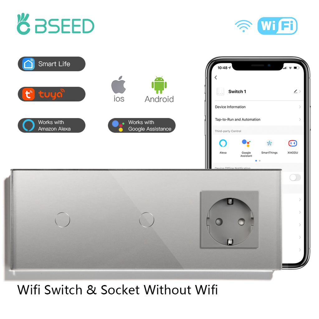 BSEED Wifi Двойные 1/2/3-клавишные сенсорные выключатели Smart Life Управление Alexa Плюс Обычная настенная розетка Стандарт ЕС Стеклянная панель 228 мм