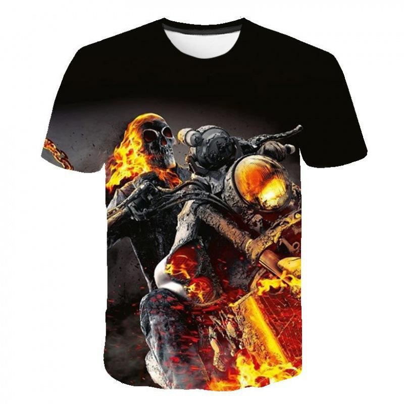 Evil Knight Skull Printed Short Sleeved T-shirt with Flame Pattern Skull Personalized Clothes for Men