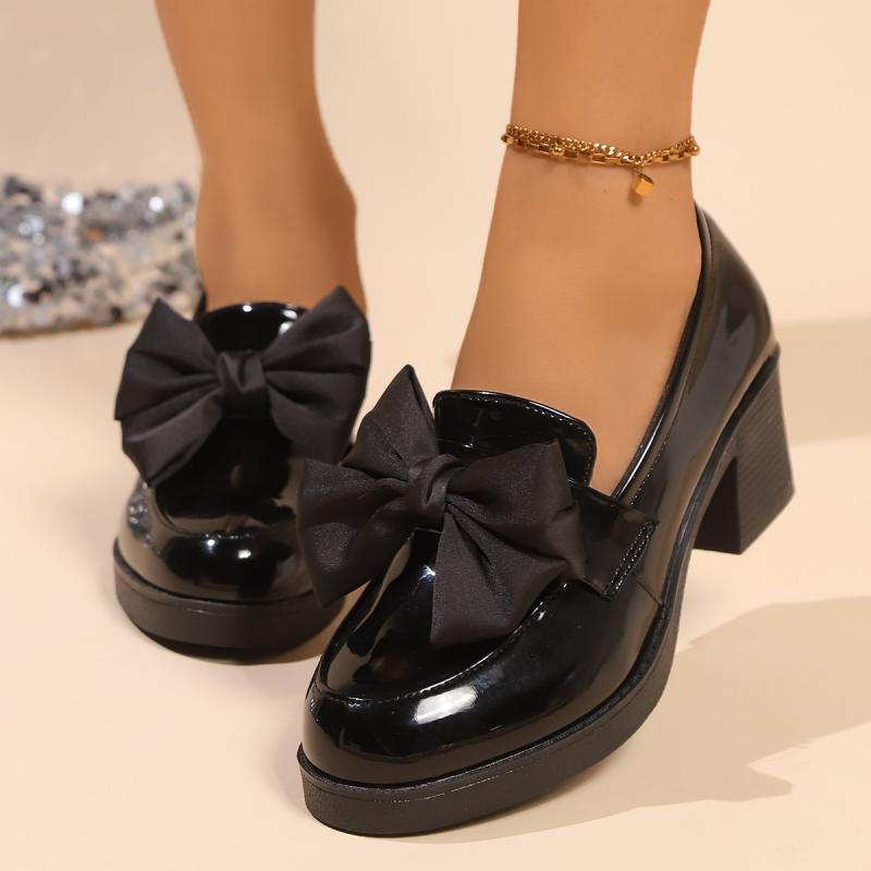 Bowknot Decoration Black Patent Leather Loafers Women 2025 Summer Round Toe High Heel Pumps Elegant Office Dress Slip On Shoes