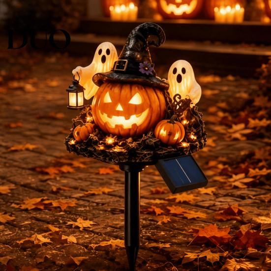 Creative Halloween Gifts Solar Pumpkin Garden Stake Light, Waterproof LED Yard Decoration with Light Wizard Hat And Ghost, Outdoor Walkway Patio Lawn