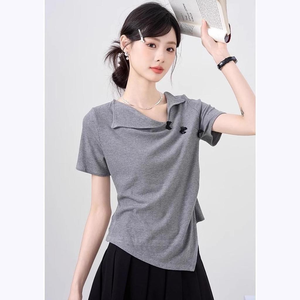 Niche Spice Girls Fashion Pure Desire Style Lapel Bow Short Sleeve T-Shirt Sexy Design Slim Skinny Top ins