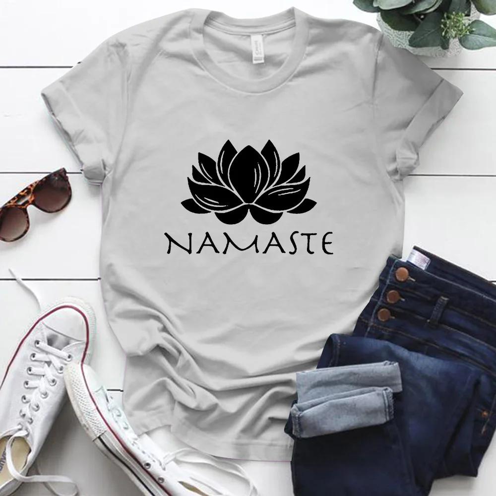 Женская футболка с принтом букв Namaste, короткий рукав, O-образный вырез, свободная женская футболка, женская модная футболка, топы, Camisetas Mujer