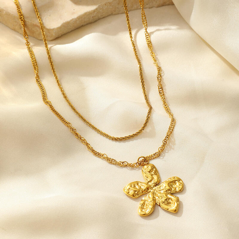 Stainless Steel Hammer Texture Flower Pendant Necklaces for Women Ladies Double Layer Stacking Petal Necklaces Jewelry Wholesale
