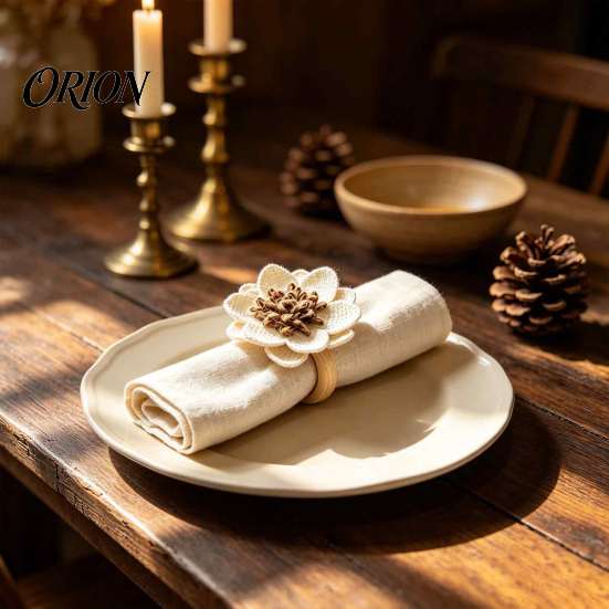 Spring Table Decor Accessories 6Pcs Linen Flower Napkin Rings, Wooden Ring Rustic Holders, Wedding Setting Farmhouse Rings for Bridal Shower