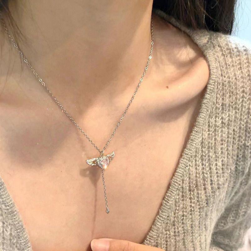 Розовые Крылья Ангела Сердце Кулон Ожерелье Серьги с Бахромой Женские Ювелирные Изделия