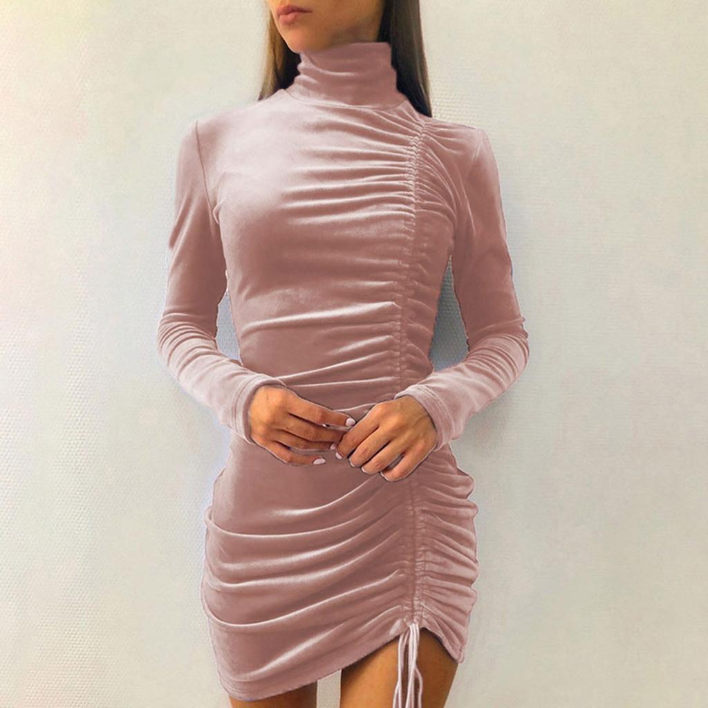 Women's Loose Casual Solid Color Drawstring High Neck Dress With Long Sleeves And Tight Fitting Hip Hugging Dress
