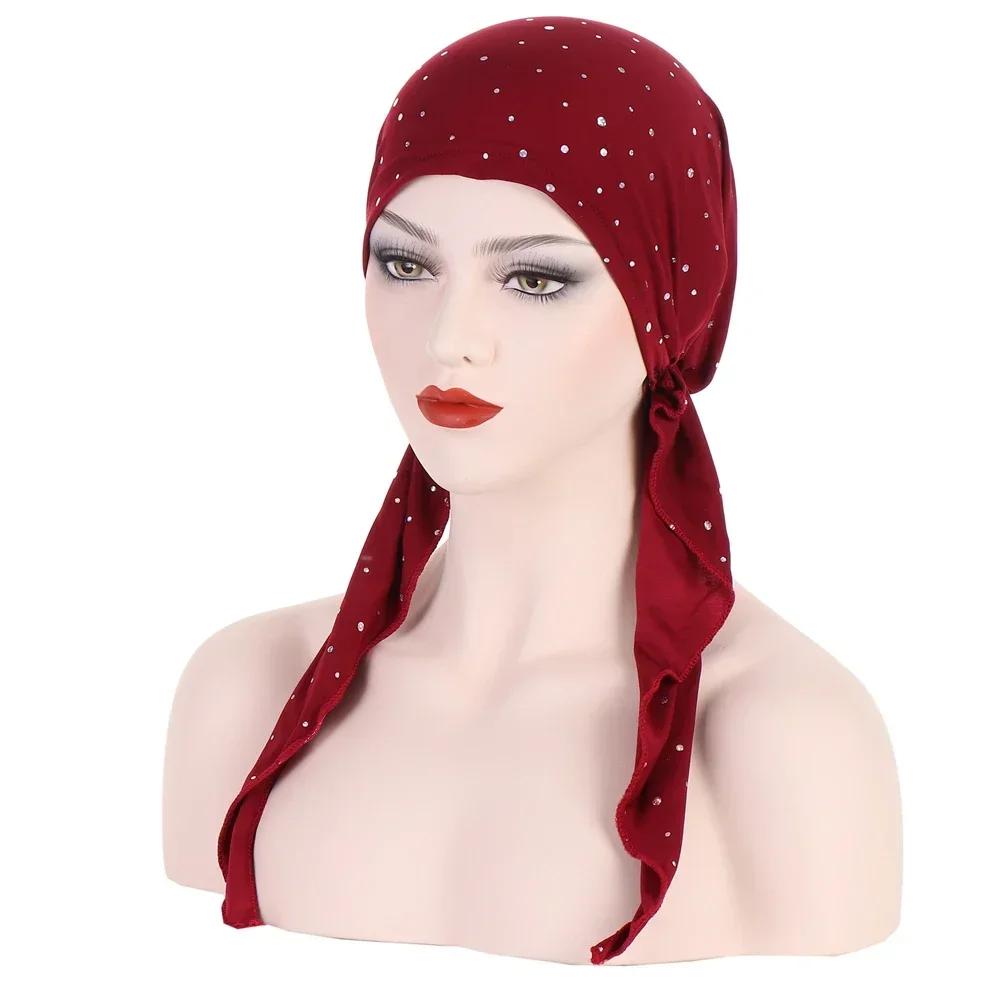 New Shimmer Pre-Tied Hat Women Muslim Hijab Turban Long Tail Headscarf Beanies Bonnet Hair Loss Chemo Cap Head Wrap Bandanas