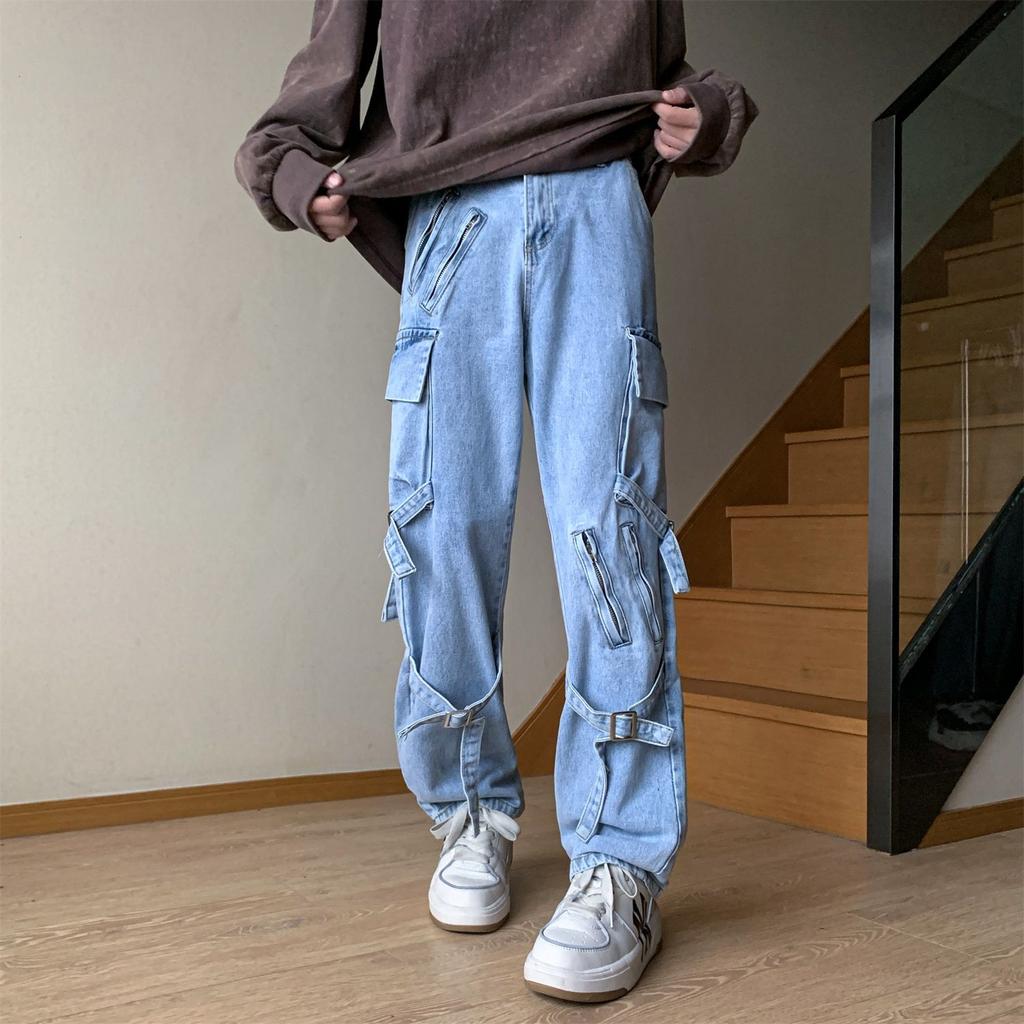Мужские американские ретро-джинсы-карго Y2K High Street Denim Pants Loose Casual Straight Streetwear Hip-hop Wide Leg Jeans