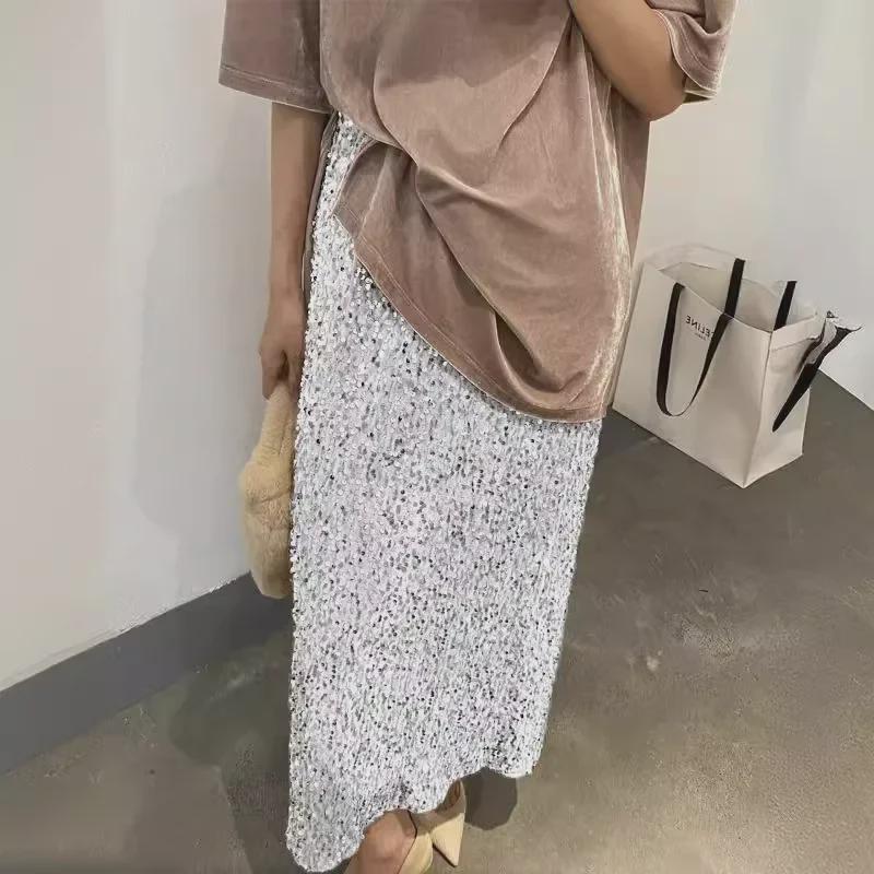 2025 Европейская и американская узкая длинная юбка с высокой талией и пайетками - женская эластичная юбка с резинкой на талии