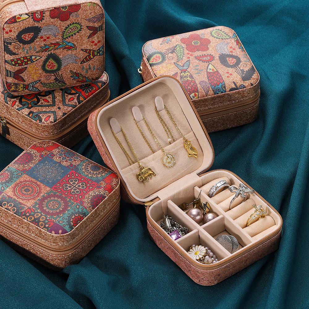 Портативная шкатулка для украшений Легкая винтажная коробка для хранения серег Коробка для серег, ожерелий и колец Квадратный органайзер на молнии