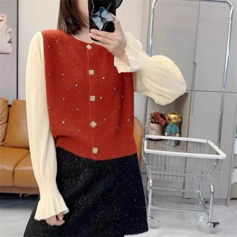 Весна и осень Новый кардиган с рукавами из пряжи и круглым вырезом Корейский свитер с мягким ветром Тяжелая промышленная вязаная бисером женская верхняя часть