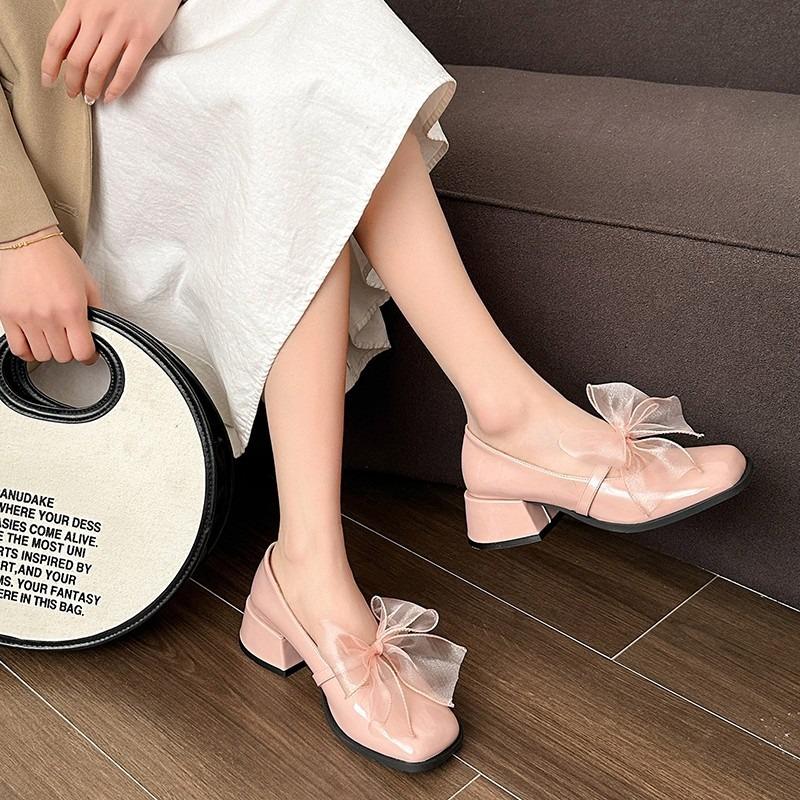 Thick Heel Shallow Mouth Single Shoes Women's Word with Mary Jane Shoes Ribbon Bow with Skirt Small Leather Shoes