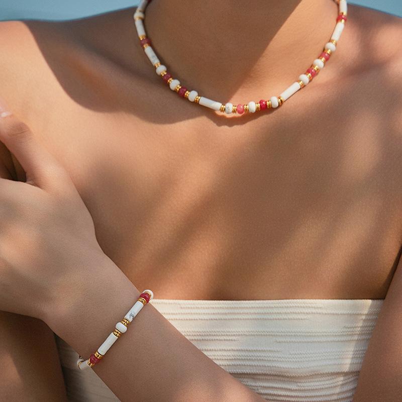 Handmade Beaded Fresh Vacation Style Clavicle Necklace Bracelet Jewelry Set For Women