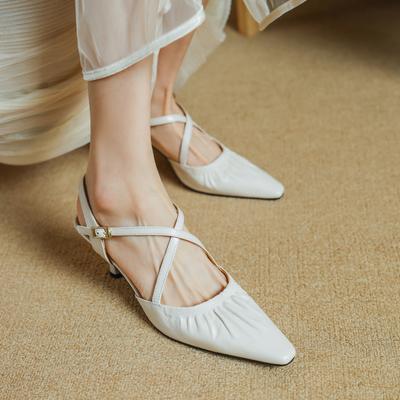 Мода 2025 Лето Женская обувь Остроносые женские сандалии Обувь из натуральной кожи для женщин Слингбэк Элегантные высокие каблуки Праздничная обувь